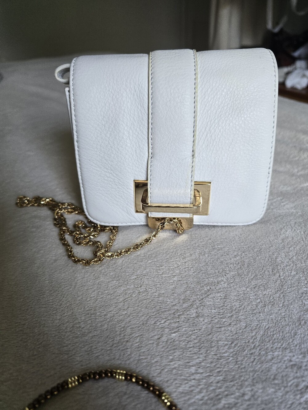 White Leather Crossbody Bag with Gold Chain Strap